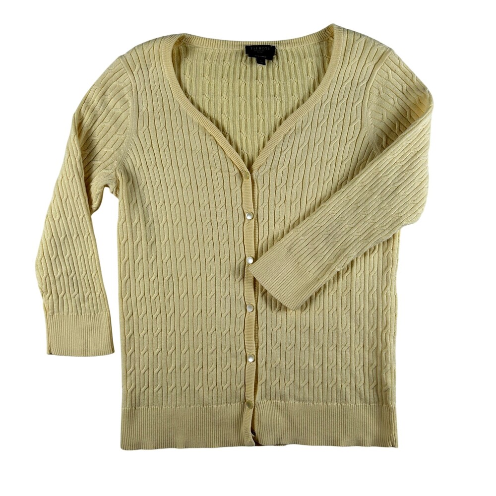 Talbots Cardigan Sweater Womens Petite Small Yellow Pima Cable Button Front